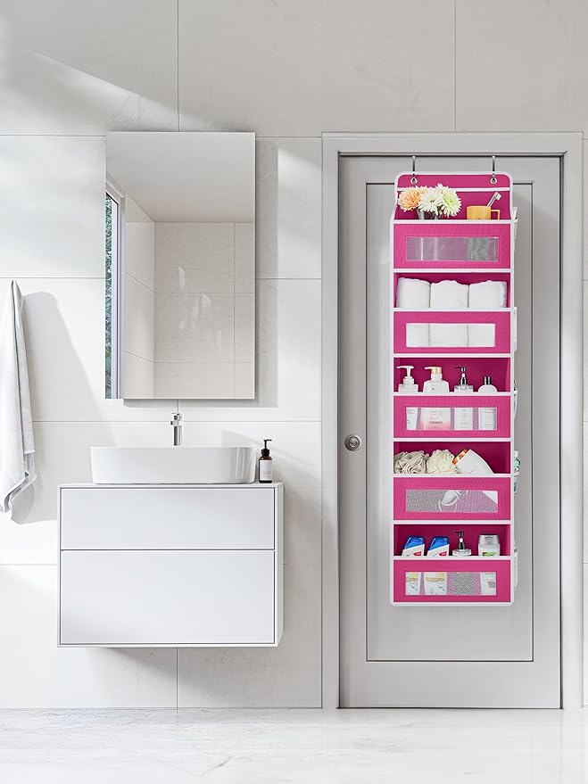 JARLINK Over the Door Organizer for Bedroom, Bathroom, 5 Shelf Rose Pink | Anti-Tilt Design, 44 lb Load Capacity, Hanging Door Organizer with 5 Large Capacity Pockets, Behind Door Storage for Nursery