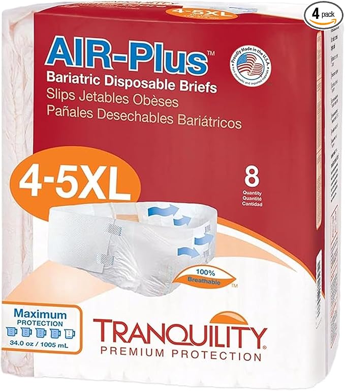 Tranquility Bariatric Disposable Briefs 4X-Large with AIR-Plus Fully Breathable Fabric for Skin Dryness & Integrity, High Waistline, Latex-Free, 34oz Capacity, 32ct Case