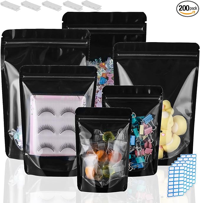 4X6 Resealable Bags 200 Pcs Mylar Bags for Food Storage Candy Packaging Black Mylar Bags with Window Reclosable Small Stand Up Pouches Edible Packaging for Small Business