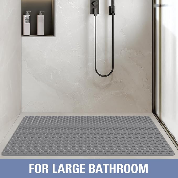 OTHWAY Large Shower Mat, 47"x 32" TPE Shower Mat Non Slip, Heavy Shower Floor Mat with Drain Holes and Suction Cups, No Odor Shower Mats for Inside Shower for Elderly Bathroom(D-Grey)