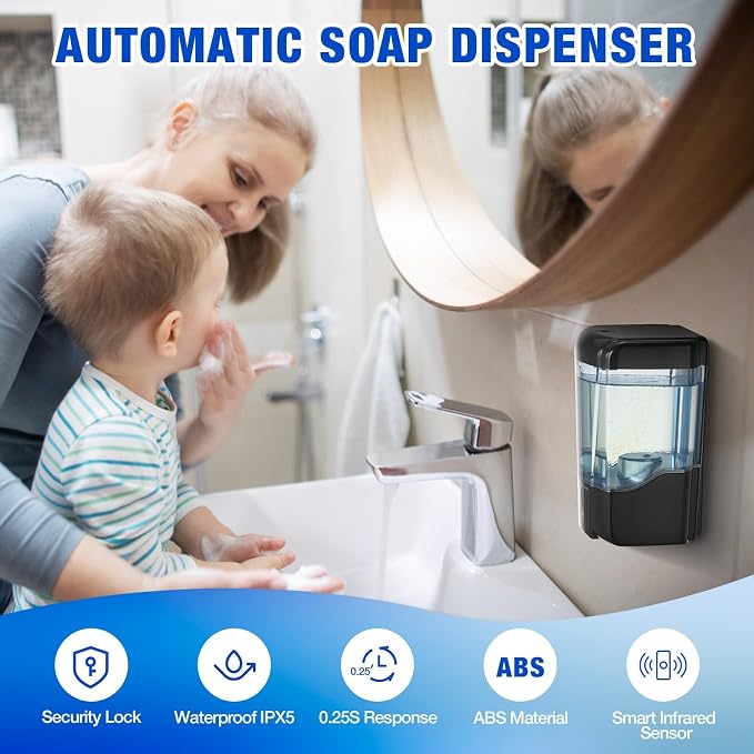 4 Pack Automatic Soap Dispenser Touchless,600 ml / 20 oz Commercial Hand Soap Dispenser,Wall Mount Hand sanitizer Dispenser for Bathroom Offices Home Kitchen Hotel（Black）