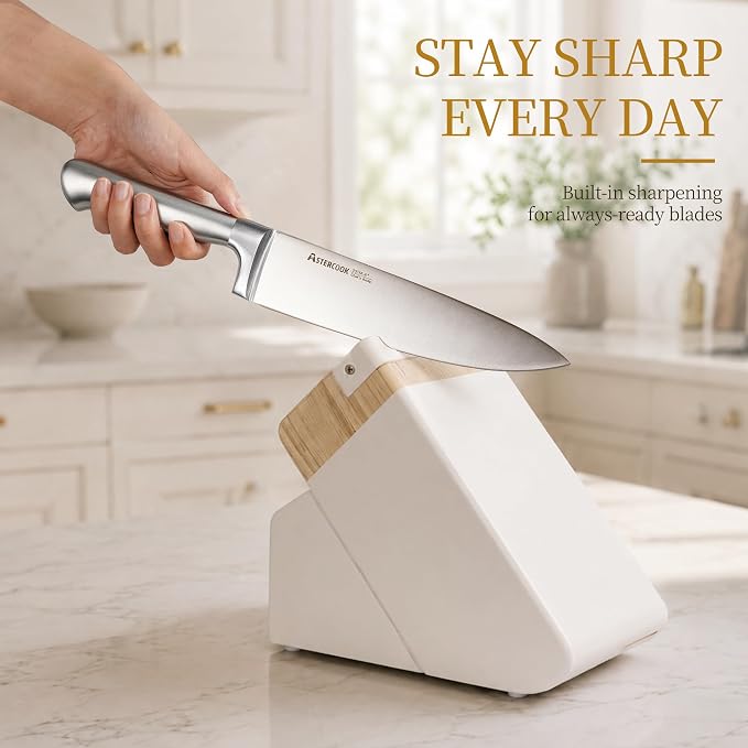 Astercook Knife Set for Kitchen with Block Sharpener 14Pcs Dishwasher Safe | Full Tang Stainless Steel Knives and Anti-Slip Ergonomic Handle Utensils Set