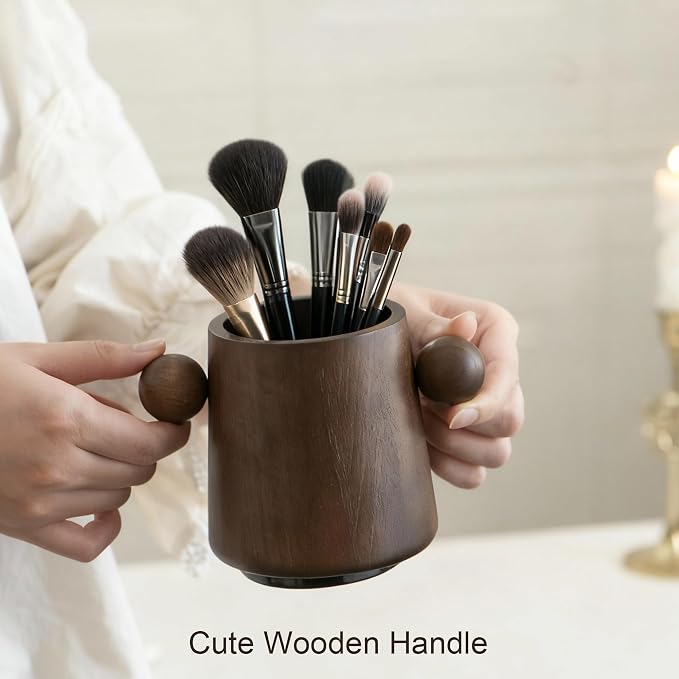 Walnut Wooden Makeup Brush Holder, Rotating Pencil Holder for Desk