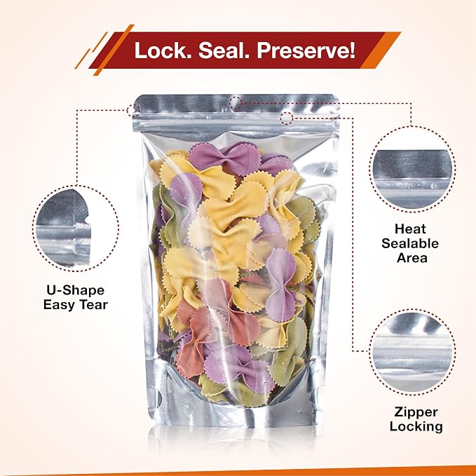 BELLE KR® Mylar Bags for Food Storage- Pack Of 100 (30 Pieces 4"x6" and 5"x8" and 40 Pieces 6"x9") Resealable Mylar Ziplock Bag with 7.5mil Thickness with Labels