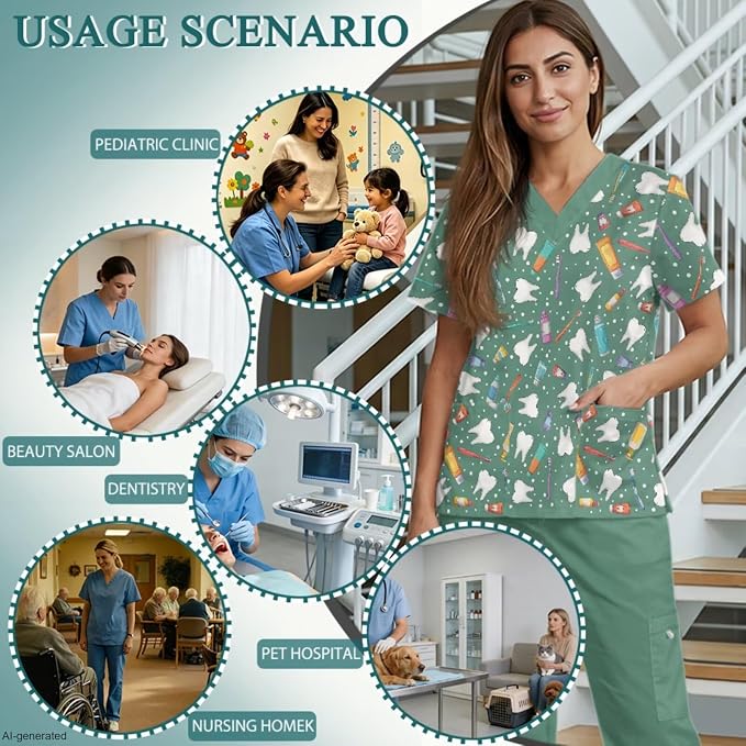 Gomyblomy Women's Scrubs Suit 3-Piece Set | Teeth Print V-Neck Top & Pants & Cap, Breathable and Stretch Fabric, S-5XL