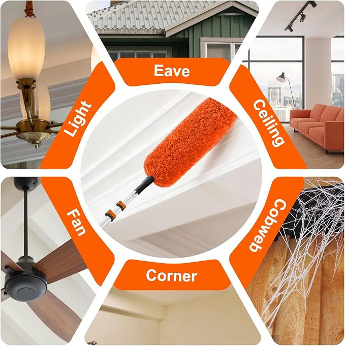 SISUPASSIE 30FT Reach High Ceiling Duster Kit, Window Cleaning kit with 5-24FT Extension Pole, Fan Duster for Ceiling Fan Blades, Microfiber Feather Duster, Window Squeegee