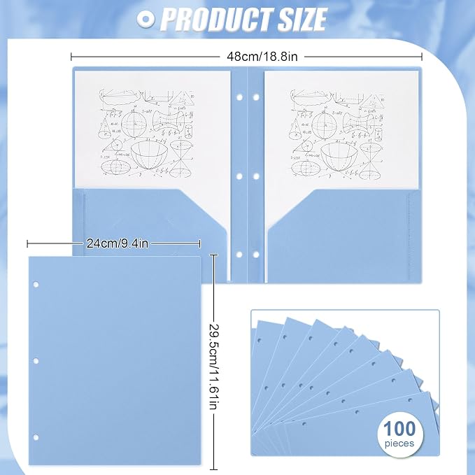 Yeaqee 100 Pcs Plastic Folders with Pockets Bulk 3 Hole Punched 2 Pocket File Folders for 3 Ring Binder Divider Folder for Notebooks, Durable Poly for Office Home (Haze Blue)