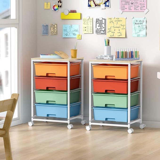 Utility-Rolling-Storage-Drawer-Craft-Cart-Organizer with 4 Drawers and Wooden Tabletop & Lockable Wheels for Home Office, Bedroom, Kids Room, Classroom, 4 Tiers Under Desk Drawer Cart, Macaron