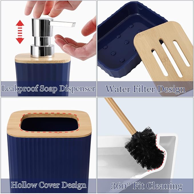 XLHOMO Navy Blue Bathroom Accessories with Bath Towels Ombre Shower Curtain, Blue Bathroom Setwith Trash Can,Toothbrush Holder,Toothbrush Cup,Soap Dispenser,Soap Dish,Toilet Brush and Qtip Holders