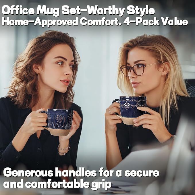 Artena Ceramic Coffee Mugs Set of 4, 16oz Embossed Large Latte Mugs Coffee Cups with Handle for Tea, Latte, Cappuccino & Cocoa, Milk Dishwasher & Microwave Safe, Blue (Multiple Patterns)