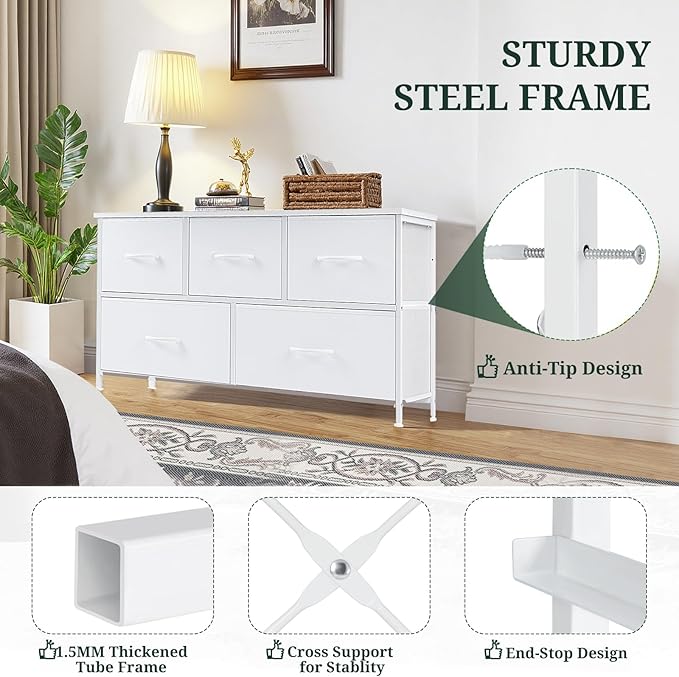 5-Drawer Dresser for Bedroom, Anti-Tip Wide Storage Organizer Fabric Chest of Drawers TV Stand for 45" TV with Wooden Top and Metal Frame for Closet, Living Room, Hallway, Entryway, White