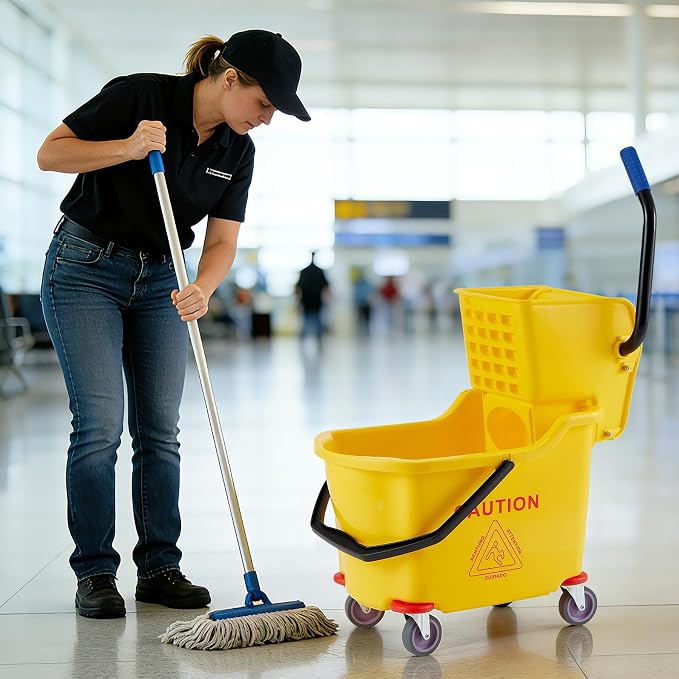 Garvee Commercial Mop Bucket with Side Press Wringer on Wheels, 35 Quart Capacity for Floor Cleaning, Kitchens, Restaurants, and Janitorial Use, Yellow, Polypropylene