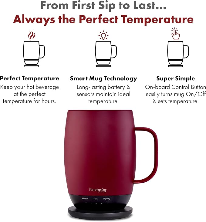 Nextmug Plus (Burgundy - 18 oz.) Temperature-Controlled, Self-Heating Mug – No App, Long-Lasting Battery for Work & Study, Great Gift for Coffee Lovers