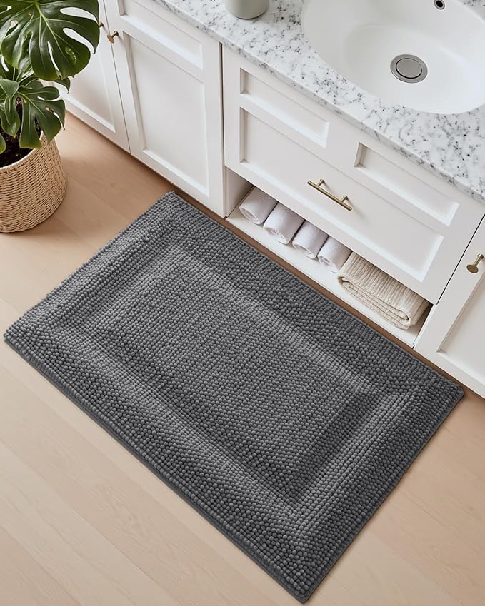 DEXI Bath Mats for Bathroom 36x24, Non Slip Washable Bathroom Rug, Thick Soft Chenille Absorbent Bathmat for Shower Floor, Fluffy Shaggy Carpet for Tub, Grey