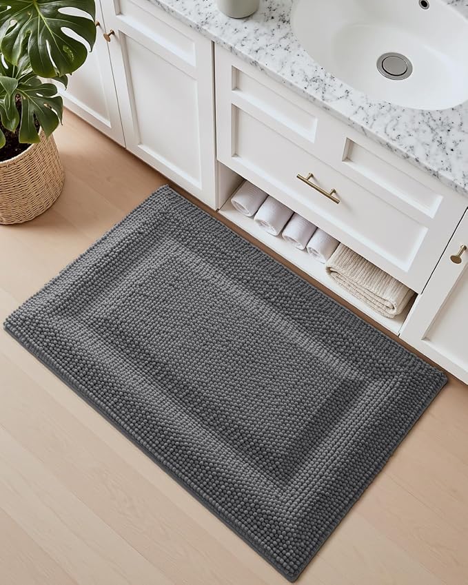 DEXI Small Bath Mats for Bathroom 24x16, Non Slip Washable Bathroom Rug, Thick Soft Chenille Absorbent Bathmat for Shower Floor, Fluffy Shaggy Carpet for Tub, Grey
