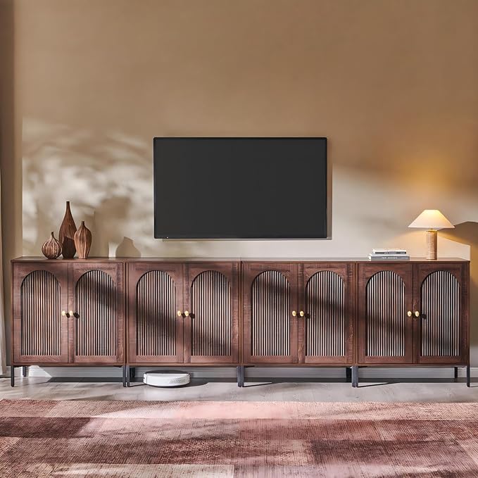 IFGET 123.5" W Modern Arched Sideboard Buffet Cabinet with Storage, Brown | Fluted Arch Sideboard Cabinet w/Adjustable Shelves, Wooden Modular Kitchen Cabinet for Dining& Living Room, Entryway