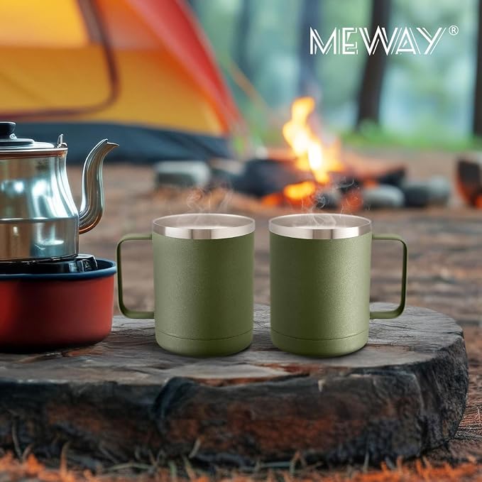 MEWAY 12oz Coffee Mug With Handle 2 Pack Bulk,Stainless Steel Insulated Travel Tumblers With Sliding Lid,Double Wall Vacuum Camping Cup for Hot & Cold Drinks Tea (Army Green,Set of 2)