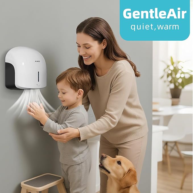 AIKE GentleAir Warm Hand Dryer,Low Noise Perfect for Home Bathrooms,White Cover AC110V-130V,Model AK2637