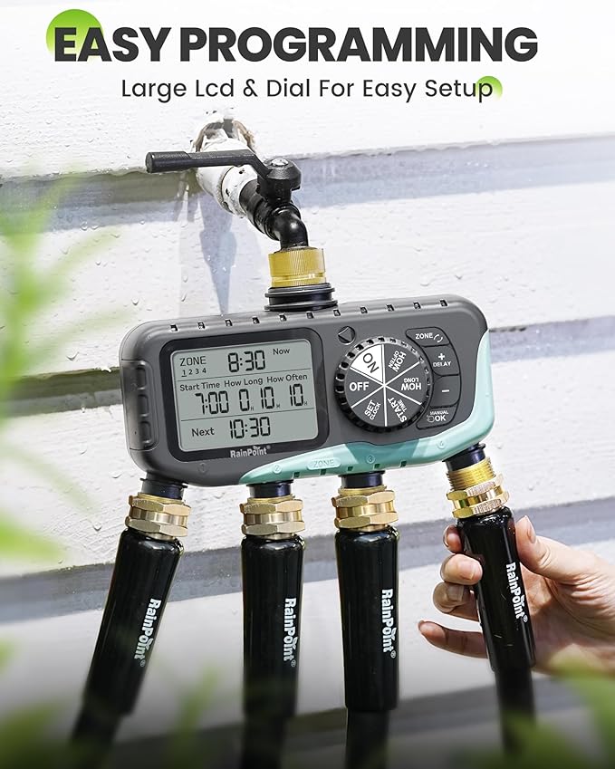 RAINPOINT Sprinkler Timer 4 Zone, Water Timer for Programmable, for Soaker Hose with Rain Delay/Manual/Automatic Watering System, Digital Irrigation for Yard, Lawn