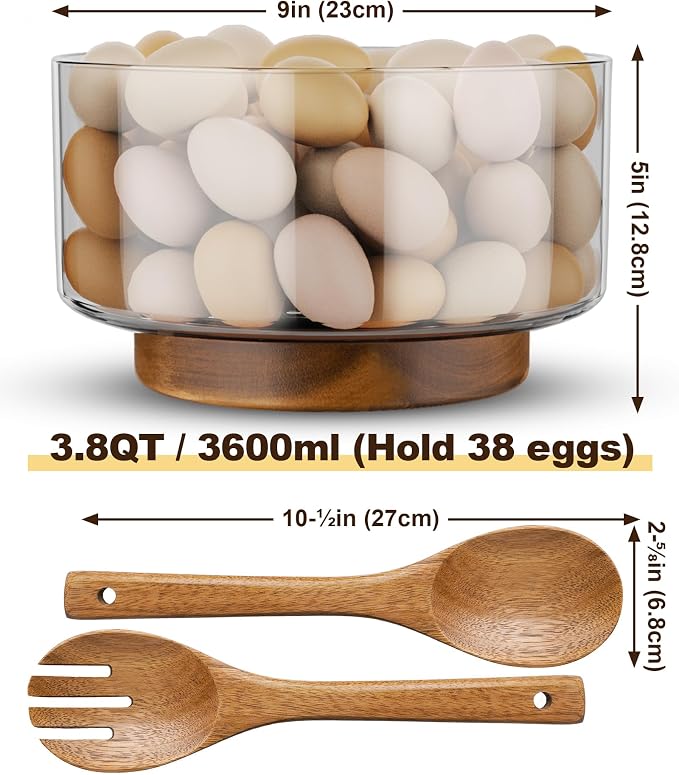 NiHome Glass Salad Bowl with Acacia Wood Salad Tongs, Large Capacity Design with Enhanced Stability, Versatile Serving Dish for Salads, Fruits, Ideal for Gatherings & Daily Family Dining