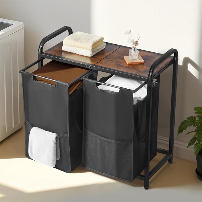 VEVOR 2 Section Laundry Sorter, Large Laundry Hamper with Metal Frame and Wooden Tabletop, Freestanding Storage Organizer Baskets with Pull-Out 600D Oxford Cloth Bags for Dirty Clothes, Bathroom