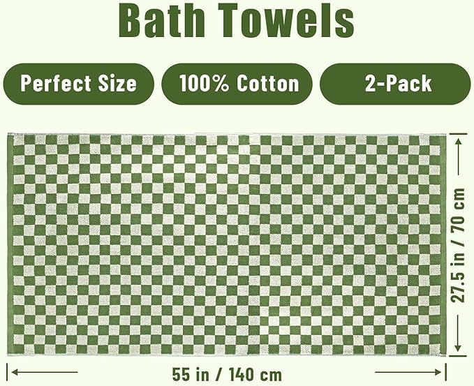 Bath Towels Set of 2 - Luxury Cotton Bathroom Shower Towels Body 55”x27.5” | Absorbent, Quick Dry, 520GSM, Green Checkered Bathroom Decor