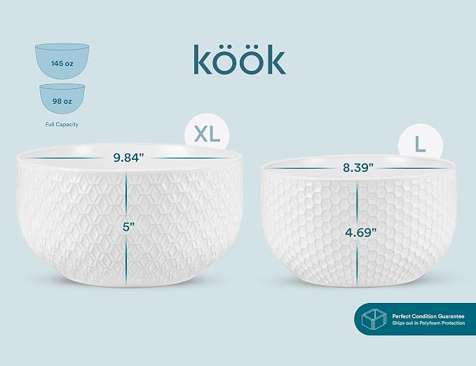 KooK Ceramic Mixing Bowls, Nesting Set of 4, Embossed Kitchen Dishware, Prep, Serving, Gift, Microwave and Dishwasher Safe, 20/44/98/145 oz, Narbonne Collection (Marshmallow)