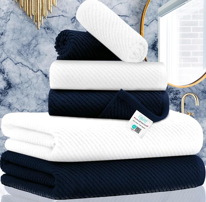 VOOVA & MOVAS 6PC Towel Set, 100% Cotton, Blue White | 2 Large Bath 30x56 In, 2 Hand 18x28 In, 2 Washcloths 13x13 In, Quick Dry, Soft, Thick, Bathroom Essentials