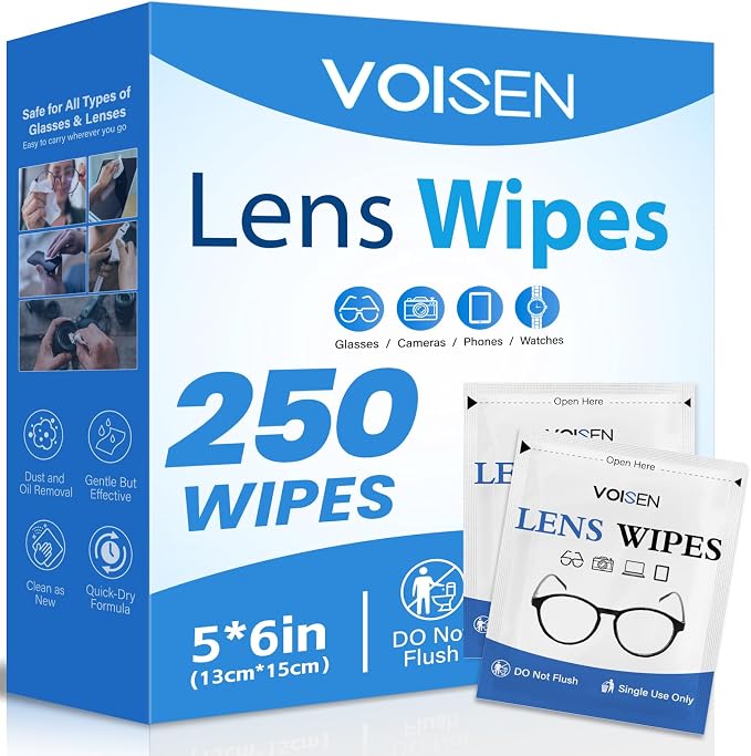 VOISEN Lens Wipes for Eyeglasses,250 Pack Eye Glasses Cleaner Wipes,Pre-Moistened Individually Wrapped Lens Wipes,Non-Scratching Non-Streaking,Safe for Eyeglasses, Goggles, Camera Lens, Phone