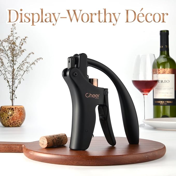 CHEER MODA Professional Manual Lever Wine Opener with Rabbit Motif – French Designer Corkscrew, Ergonomic Stainless Steel Opener + Foil Cutter + Replacement Screw (Matte Black-HK03)