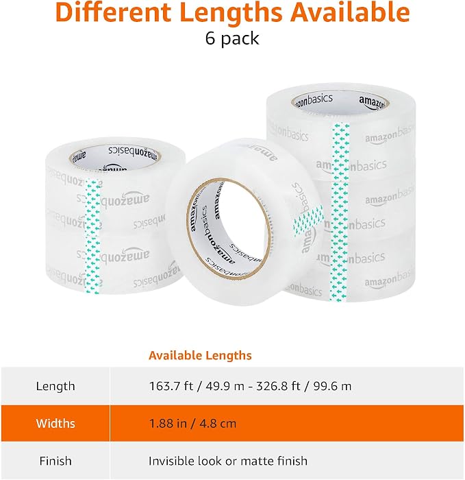 Amazon Basics Packing Tape, Strong & Durable for Moving, Storage, Shipping, Mailing and Sealing, Crystal Clear, 1.88" x 109 Yards, 6-Pack