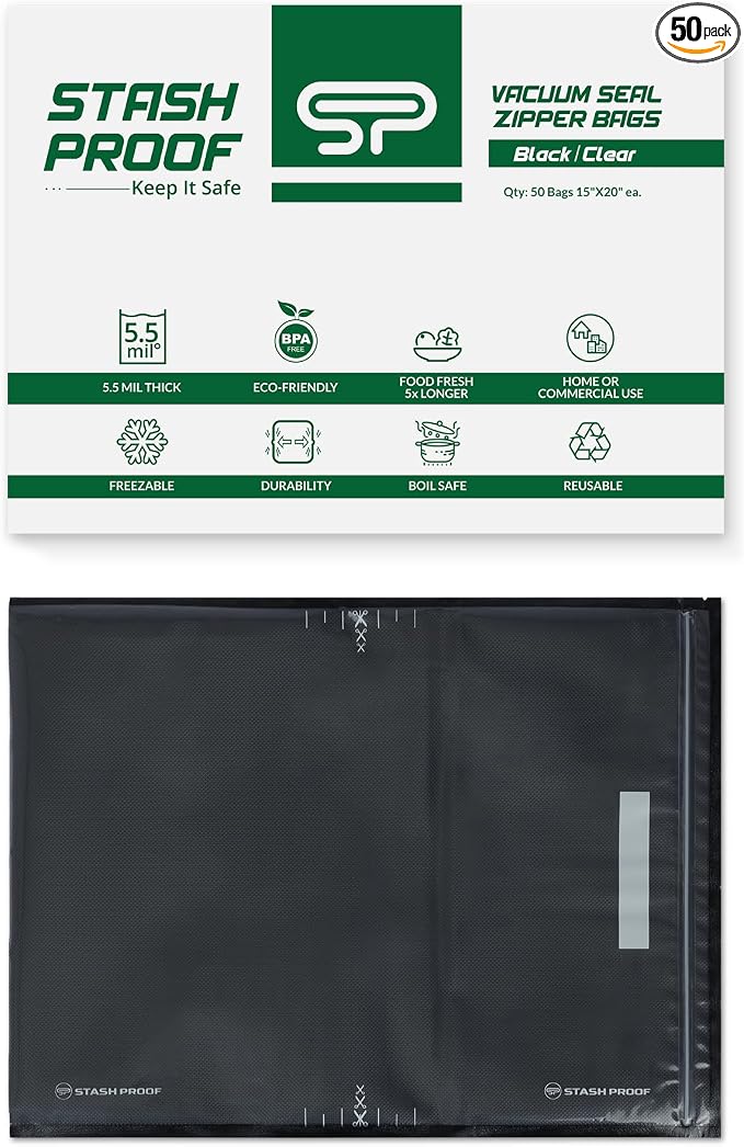 Resealable Vacuum Seal Zipper Bags 15" x 20" (50 Count) 5.5 Mil (Black & Clear) BPA Free Heavy-Duty Commercial Grade Reclosable Storage Bag, Sous Vide, Meal Prep, Freezer Storage & Food Preservation