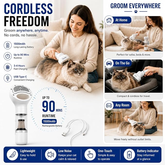 FurSo Cat Grooming Vacuum Kit, 5-in-1 Cordless Pet Grooming Vacuum for Cats & Dogs, 6000PA Pet Hair Vacuum, Low-Noise Deshedding Brush, 3-Speed LCD, Hair Remover, Type-C Charge