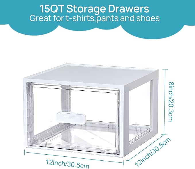 Vtopmart 4 Pack White Stackable Storage Drawers 15QT, Easily Assemble Closet Organizers,Plastic Storage Bins for Bathroom,Cabinet,Kitchen Pantry,Under Sink Organization(Medium)