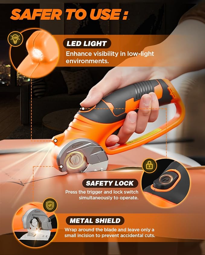 Saker Box Cutter Electric Cordless: Card board Cutter Scissors for Fabric Leather Paper Plastic - Cardboard Cutting Tool with 4V Recharged Battery - Safety Lock and LED Light for Cutting,Orange