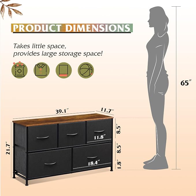 WLIVE Dresser for Bedroom, 5 Drawer Fabric Dresser, Black and Rustic Brown | 5 roomy fabric drawers, Wide storage design, Bedroom or closet use, Chest of drawers, Smooth wood tabletop