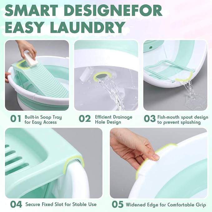 Lounsweer Large Collapsible Washboard Basin for Hand Washing Clothes with 2 Cleaning Brushes Portable Folding Laundry Tub with Non-Slip Washtub for Home Travel Camping(Green)