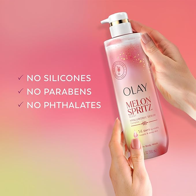 Olay Body Wash for Women, Intensely Hydrating, Pro-Hyaluronic Acid Serum Complex, Renews Moisture, Vitamin B3 Lameller Technology, For All Skin Types, Melon Spritz Scent, 20 fl oz