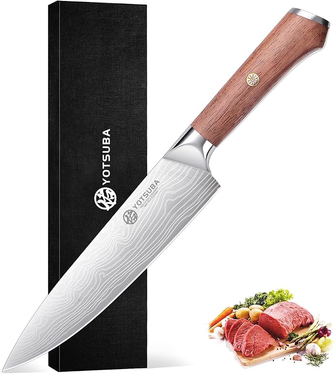 YOTSUBA 8 Inch Japanese Chef Knife, Ultra Sharp Professional Kitchen Knife, High Carbon Stainless Steel Knife with Ergonomic Wood Handle, Ideal for Home Cooking and Premium Gifting