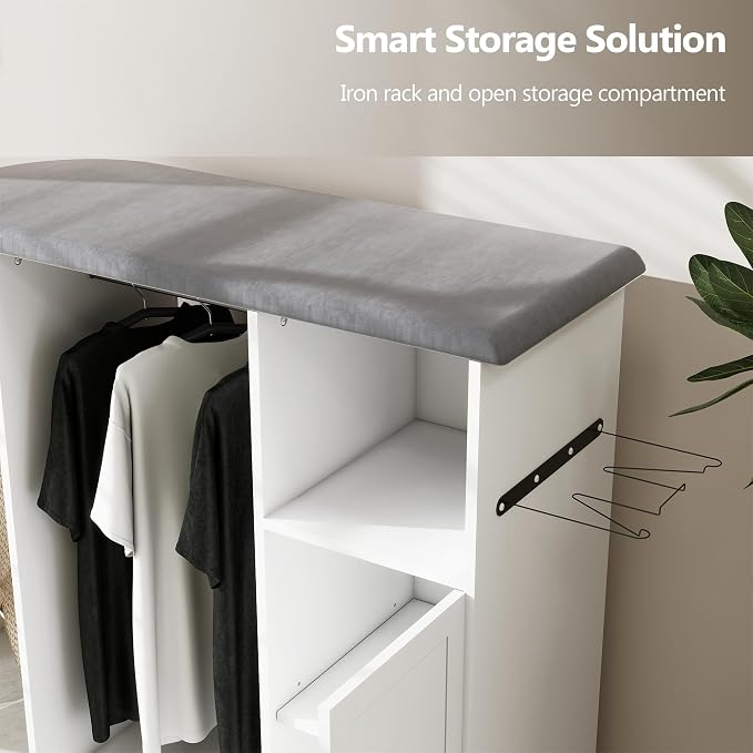 Rolling Ironing Board with Storage, Ironing Cart with Iron Holder and Coat Hanger, Multipurpose Ironing Cabinet with Wheels, Suitable for Laundry Room, Bedroom, Coat and hat, White