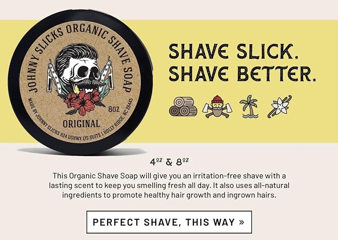 Johnny Slicks Organic Shave Soap - Supports Smooth Shaving - Shea Butter, Tea Tree & Jojoba - Natural Ingredients - Rugged Scent - 8 oz