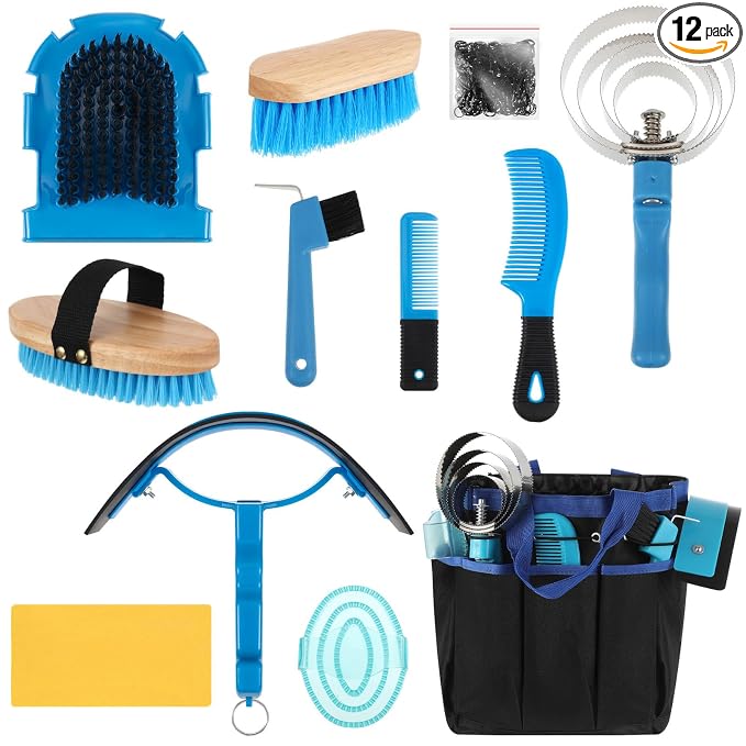 Abbylike 12 Piece Horse Grooming Kit with Organizer Tote Bag Brush Sets for Derby Day Show Horses Professional Tools for Care & Massage(Blue)
