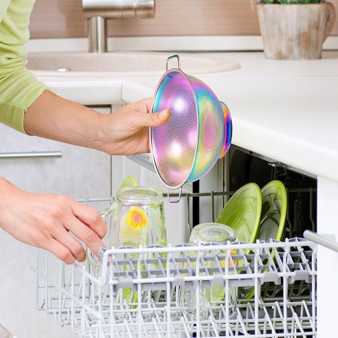 Rainbow Strainer for Kitchen, 5QT, Stainless Steel Colander with Handle for Fruits Vegetables Cooking Food, Dishwasher Safe