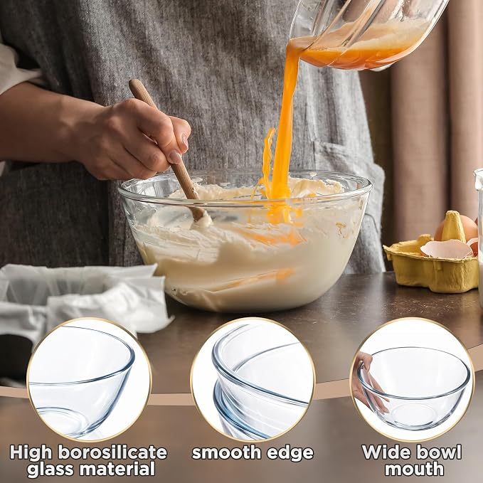 Gisafai 4 Pcs 2.5qt Glass Mixing Bowl Set Clear Salad Bowl for Kitchen Baking Cooking Preheated Oven Food Prepping Serving and Storage Freezer Microwave Dishwasher Safe