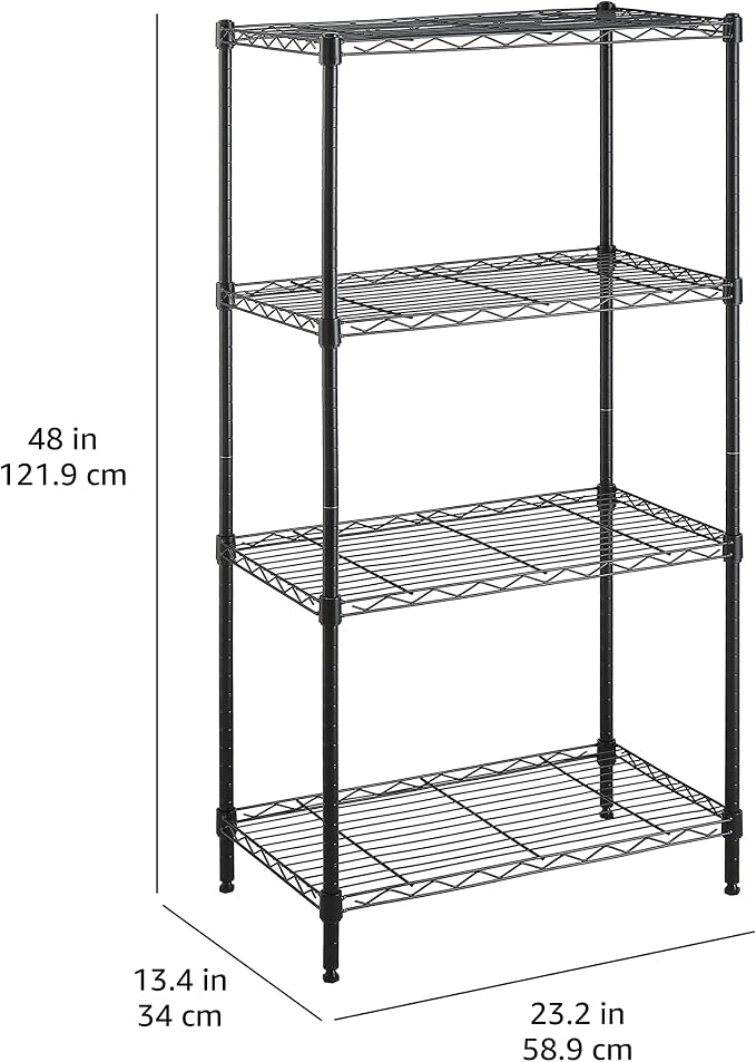 Amazon Basics 4-Shelf Steel Wire Storage Shelves for Garage, Adjustable Metal Shelving Unit, 200 lbs Per Shelf, 23.2" W x 48" H x 13.4" D, Black | Sturdy