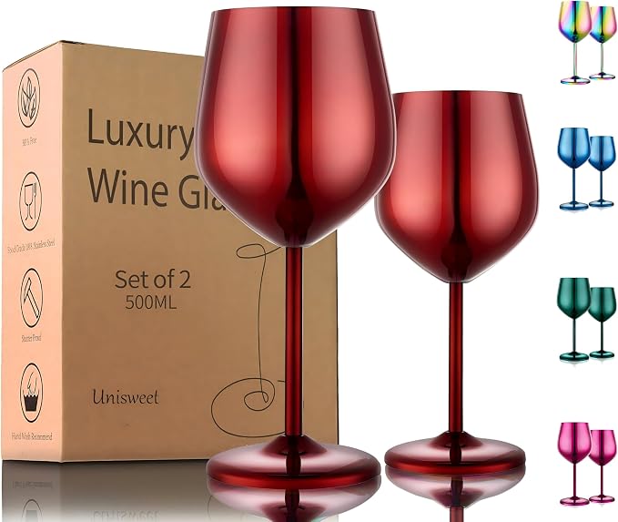 UNISWEET Unbreakable Stainless Steel Wine Glasses Set of 2, Mirror Red | 17oz Unique Fancy Metal Wine Goblets, Shatterproof, Ideal for Outdoor, Camping, Travel, Pool, Great Gift for Wine Lovers