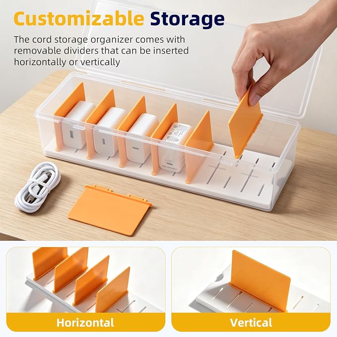 VZZNN 5 Pack Clear Cable Organizer Box with Lid, Plastic Cord Storage Case for Chargers, Power Cords, Electronics Accessories – Transparent Desk Organizer, Stackable, Adjustable Dividers