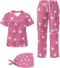 Gomyblomy Women's Scrubs Suit 3-Piece Set | Teeth Print V-Neck Top & Pants & Cap, Breathable and Stretch Fabric, S-5XL