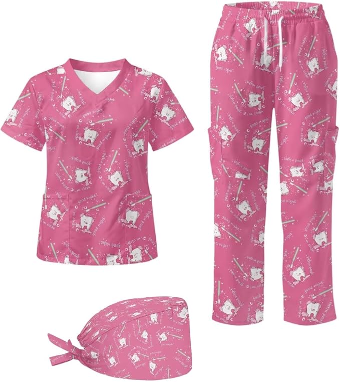 Gomyblomy Women's Scrubs Suit 3-Piece Set | Teeth Print V-Neck Top & Pants & Cap, Breathable and Stretch Fabric, S-5XL