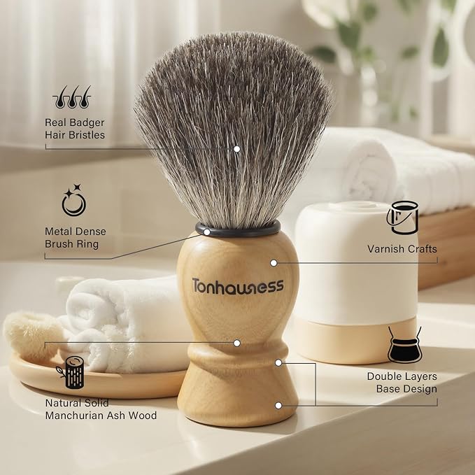 5 In 1 Manual Shaving Kit For Men Includes Badger Hair Shaving Brushes Set, Double Edge Safety Razor, Stainless Steel Shaving Bowl&Stand and Goat Milk Shaving Soap